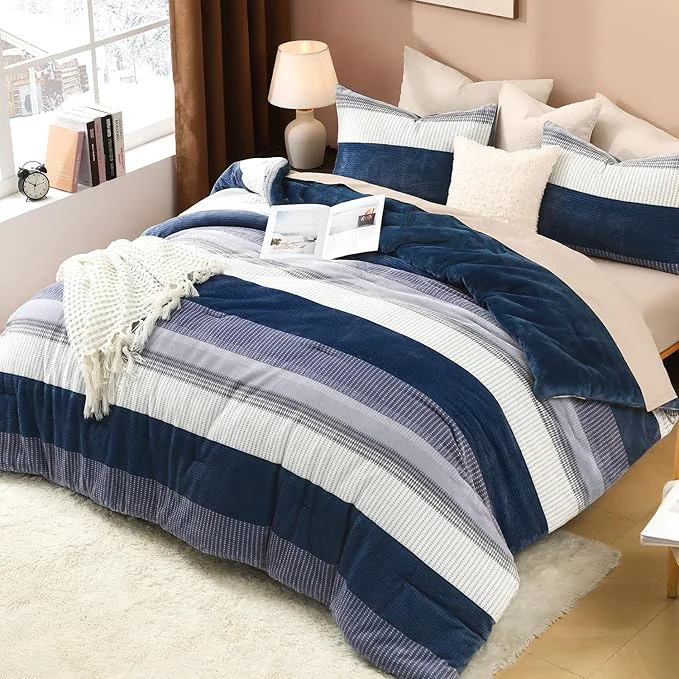 Healthy Litanika Fluffy Fleece King Size Comforter Set Luxury Soft Plush Fuzzy Mineral Blue Stripe Bedding Comforter Sets Warm Shaggy Faux Fur Bed Set All Season 1 Comforter 2 Pillowcases Long-Lasting