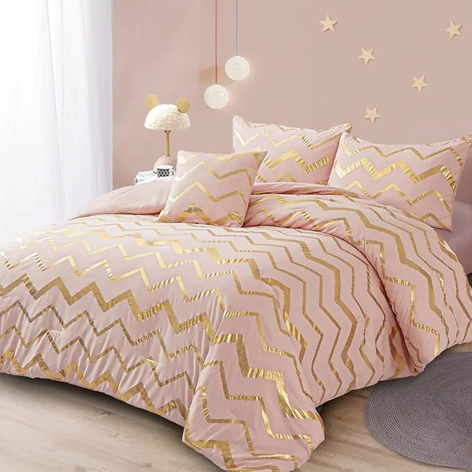 Top-Quality Menghomeus Pink Comforter Set Queen Full Size Metallic Blush and Rose Gold Bed Comforter 4 Piece Soft Microfiber Bedding for Teen Girls Women 2 Pillow Shams 1 Decorative Pillow Sham Sophisticated