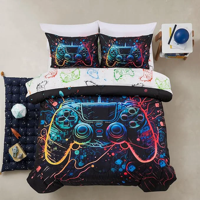 High-Grade A Nice Night Boys Queen Size 5-Piece Game Console Comforter Set for Kids Teen 3D Colorful Background Space Universe Gamepad Gaming Printed Matching Sheet Sets Top-Quality