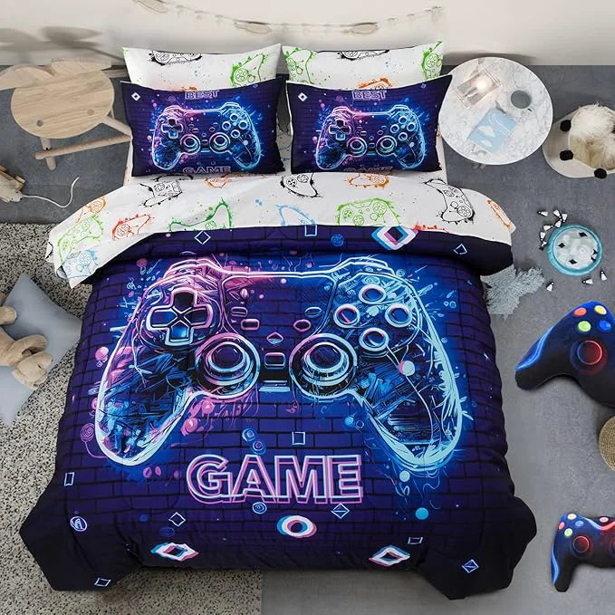Reusable A Nice Night 5Pcs Gaming Comforter Set Blue Purple 3D Game Contoller Themed Printing Bedding Sets for Kids Teen Boys Reversible Comforter for All Seasons Twin Dependable