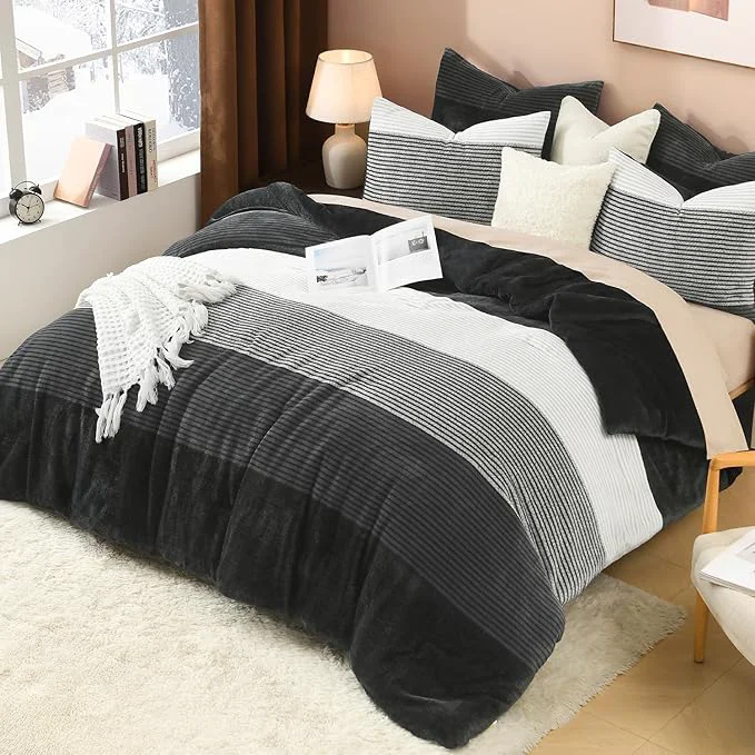 Safe Litanika Fluffy Fleece King Size Comforter Set Luxury Soft Plush Fuzzy Grey White Stripe Bedding Comforter Sets Warm Shaggy Faux Fur Bed Set All Season 1 Comforter 2 Pillowcases Efficient