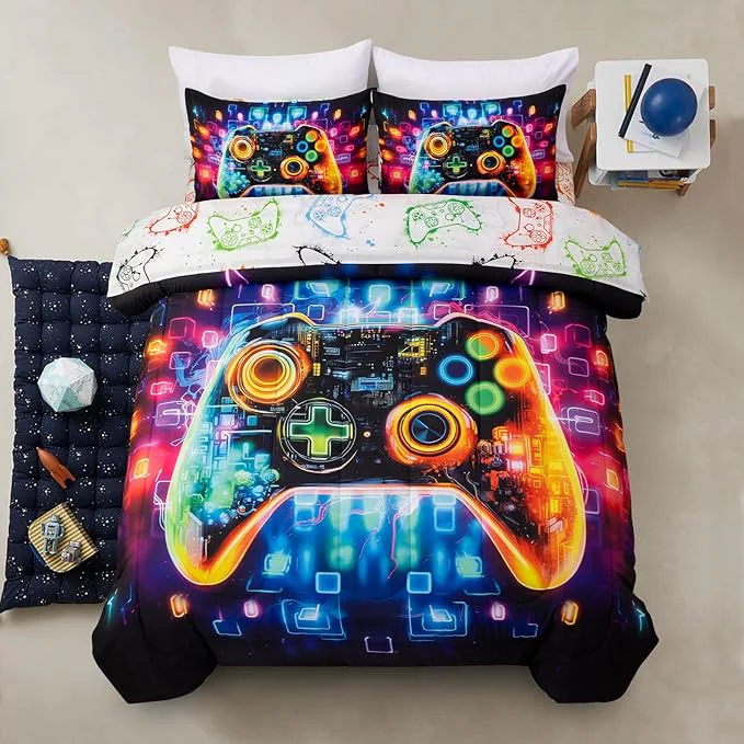 Crafted A Nice Night 5PC Game Console Comforter Set for Boys Girls Kids Space Universe Gaming Like Rhythmic Music Style Lightweight Gamer Bedding Twin Effective