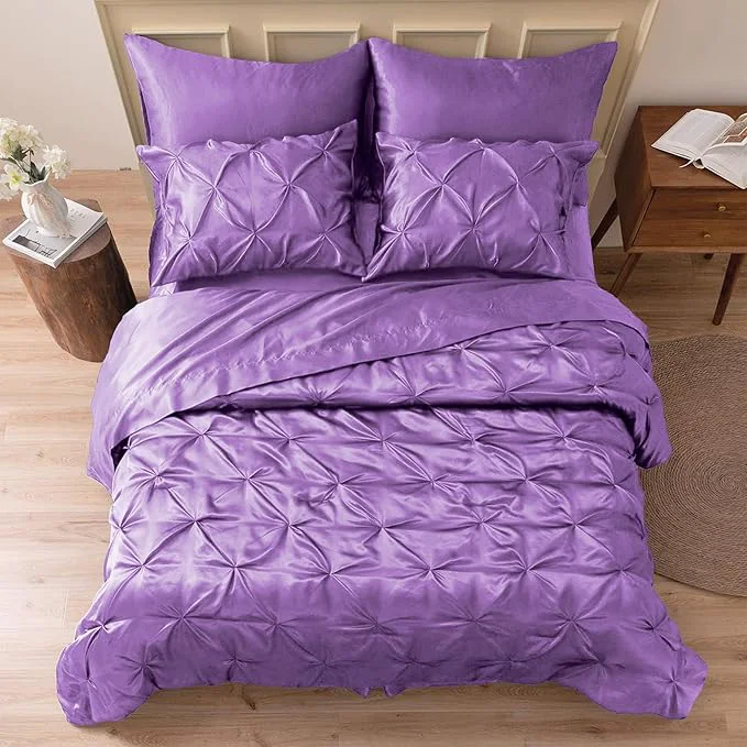 First-Class MR amp HM Satin Comforter California King 7 Pieces Lavender – Luxurious Pinch Pleat Bedding Set with Comforter Flat Sheet Fitted Sheet Pillowcases amp Shams Super Silky Soft Bed Set for All Season Exclusive