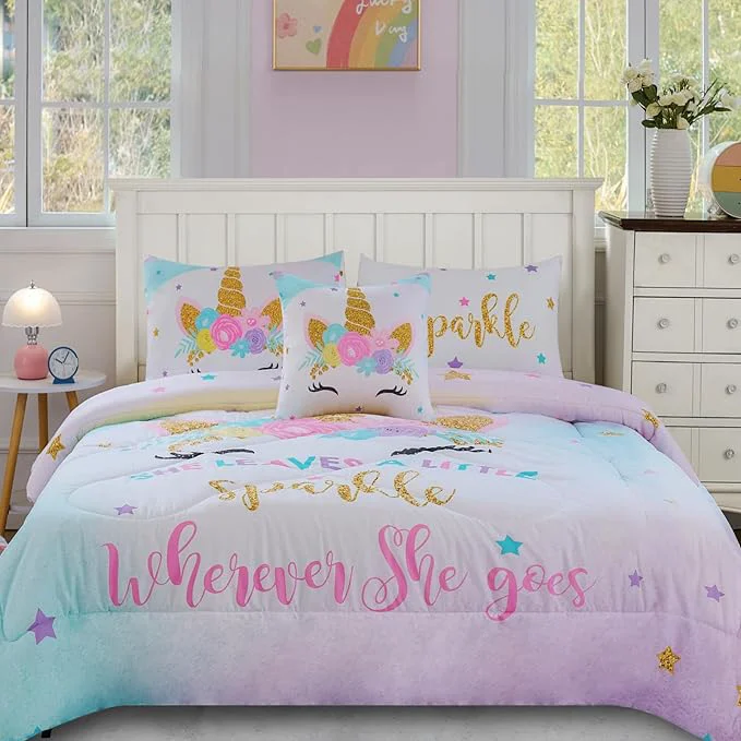 Recyclable Cokouchyi Full Size Comforter Set for Girls 6-Piece Bed in a Bag 3D Colorful Unicorn Bedding Comforter Sheet Set Ultra Soft and Fluffy Pink amp Rainbow Color Professional