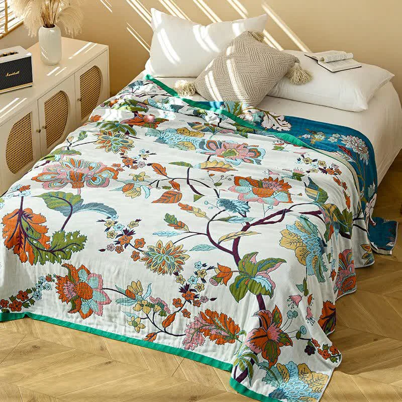 Enhanced Ownkoti Floral Leaf Jacquard Cotton Gauze Quilt Functional