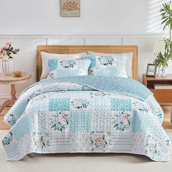 Responsible Joyreap 3 Pieces Floral Patchwork Quilt Set California King 102×114 inches- Blue n White Flowers Design Smooth Soft Microfiber Quilt Bedspread Bed Cover for All Season First-Class