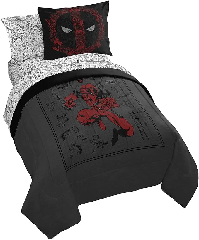 Elite Jay Franco Marvel Deadpool Full Size Comforter Set – 7 Piece Bedding Includes Sheet Set and Pillow Covers – Gray and Red Super Soft Cozy Bedding Classic