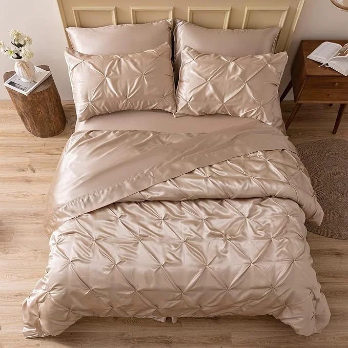Original Design MR amp HM Satin Comforter Set Oversized Queen 7 Piece Bed in a Bag Silky Soft All Season Bed Set Luxury Pinch Pleat Bedding Set with Comforter Sheets Pillowcases amp Shams Champagne Fine