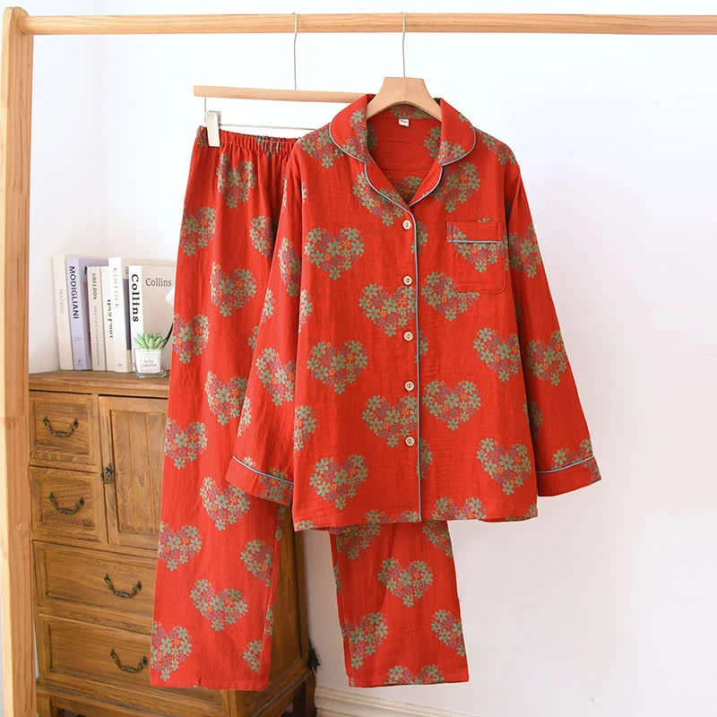 Eco-Friendly Ownkoti Heart-Shaped Floral Cotton Gauze Loungewear Set Functional