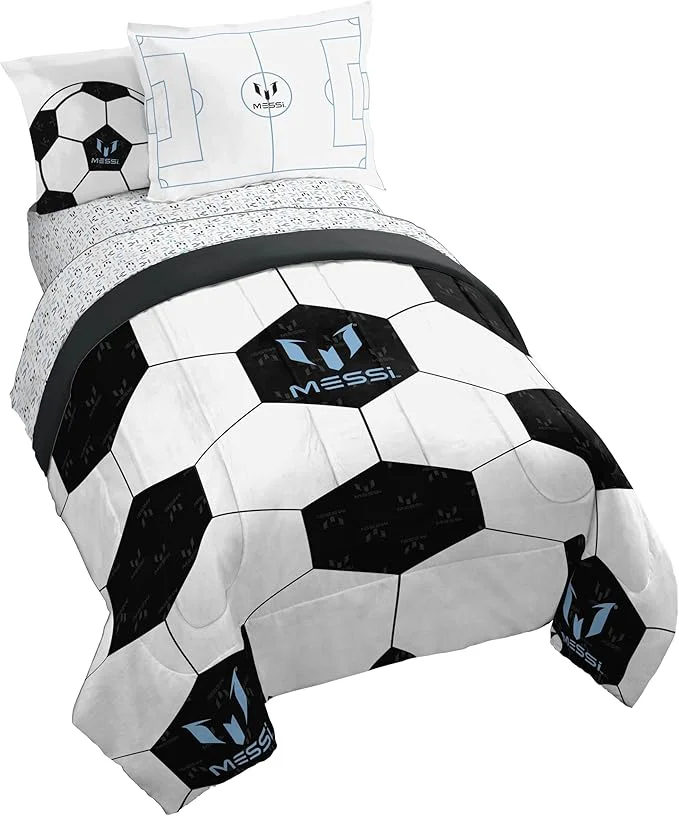 Unique Jay Franco Kids Comforter Set Includes Sheets and Pillow Cover – Soft and Cozy Bed Set for Stylish Room Décor White – Messi 5 Piece Twin Casual