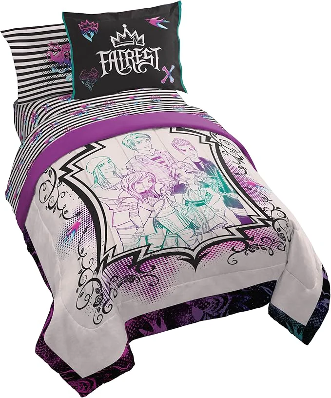 Easy-to-Use Jay Franco Kids Comforter Set Includes Sheets and Pillow Cover – Soft and Cozy Bed Set for Stylish Room Décor Multi – Descendants 7 Piece Full Trendy