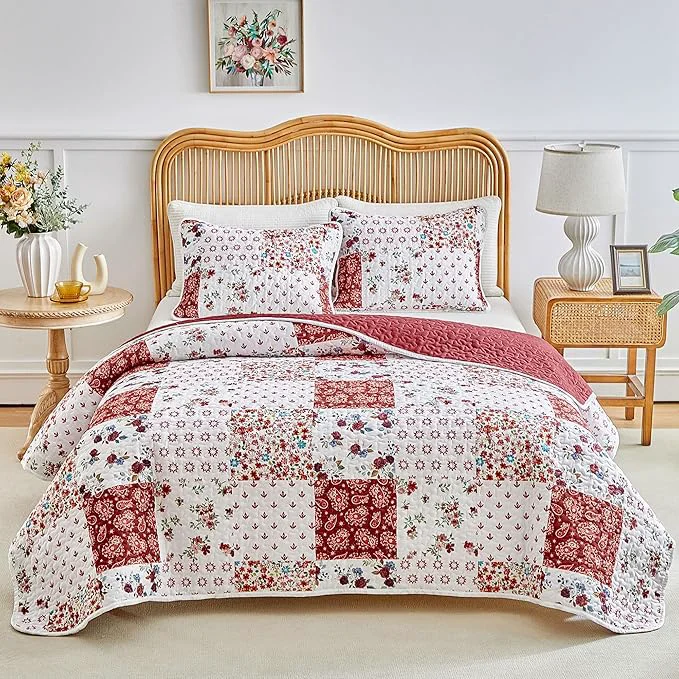 Effective Joyreap 3 Pieces Quilt Set California King 102×114 inches- Floral Patchwork Burgundy Red n White Flowers Design Smooth Soft Microfiber Quilt Bedspread Bed Cover for All Season Responsible