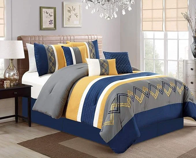 Healthy Chezmoi Collection Arden 7-Piece Modern Pleated Stripe Embroidered Zigzag Bedding Comforter Set California King Navy Gray Yellow White Premium Material