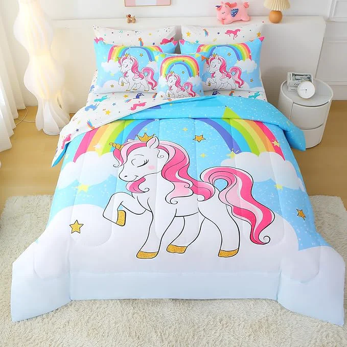 Fast JQinHome Unicorn Full Bedding Sets for Girls Kids 8 Piece Bed in A Bag 3D Blue Sky Rainbow Clouds Theme Unicorn Comforter Set with Sheet Set Blue Certified
