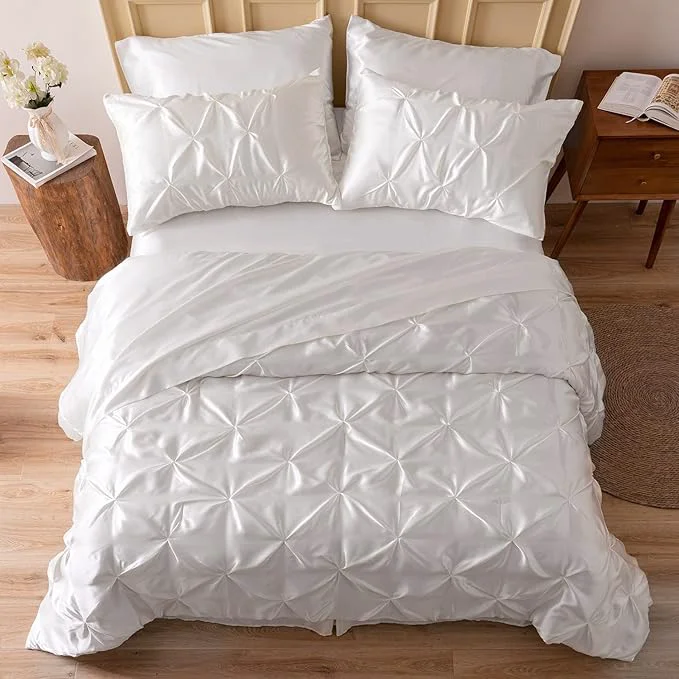 Sophisticated MR amp HM Satin Comforter King 7 Pieces – Luxurious Pinch Pleat Bedding Set with Comforter Flat Sheet Fitted Sheet Pillowcases amp Shams Super Silky Soft Bed Set for All Season King Ivory Carefully Designed