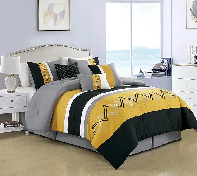 Sophisticated Chezmoi Collection Arden 7-Piece Modern Pleated Stripe Embroidered Zigzag Bedding Comforter Set California King Turmeric Black Silver Gray White Lightweight