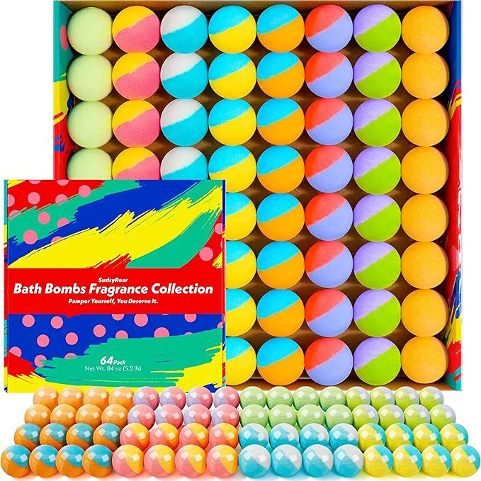 Effective 64 Pack Natural Bath Bombs Bulk Set – 8 Scents Organic Ingredients Easy-to-Use