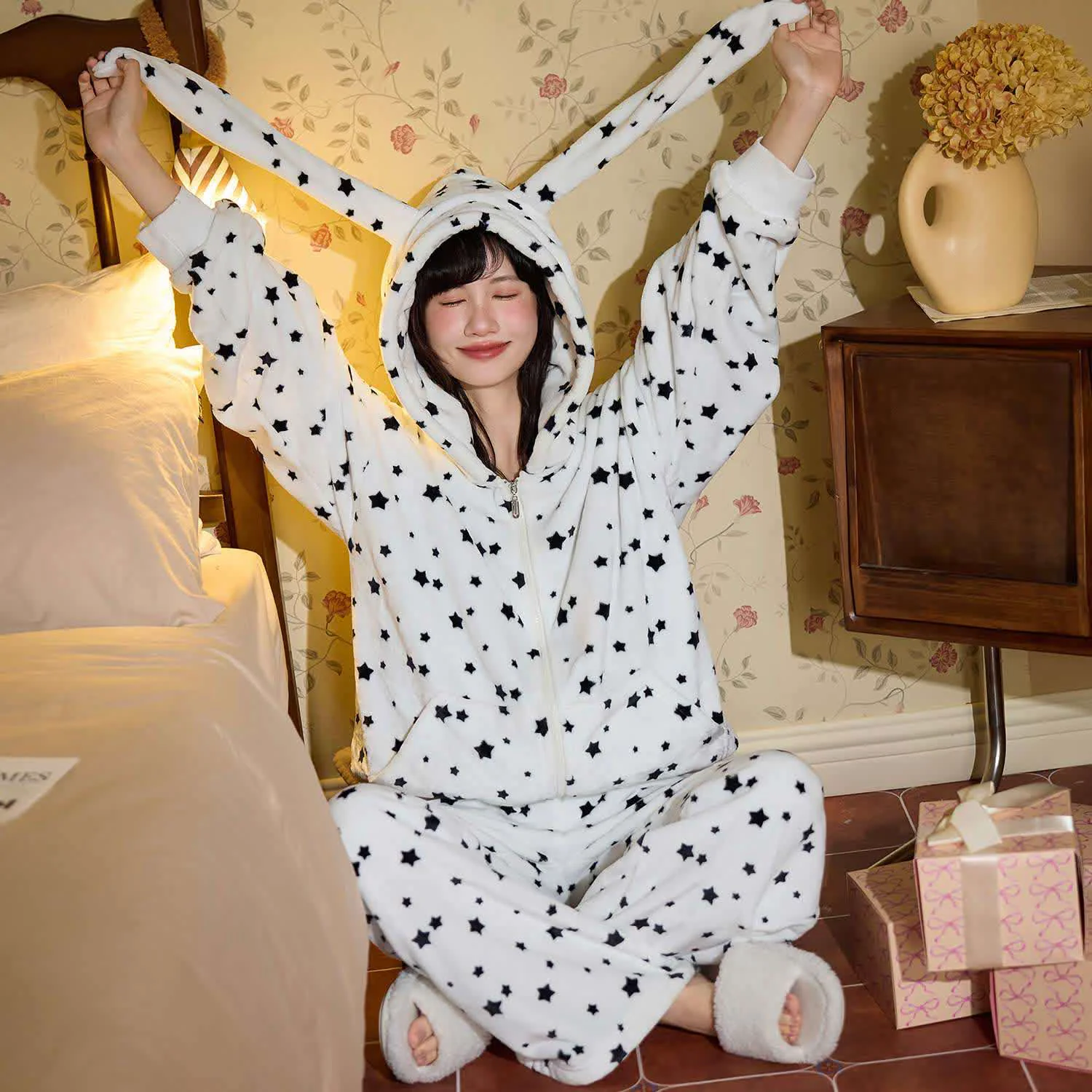 Convenient Ownkoti Bunny-Ear Hooded Zip-up Plush Loungewear Set Stylish