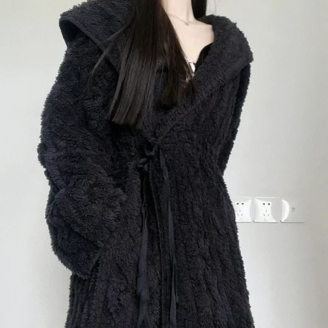Ownkoti Fluffy Minimalist Black Hooded Robe High-Performance