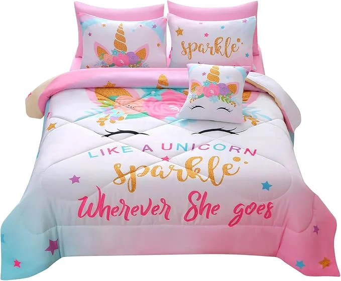 Luxury JQinHome Unicorn Full Bedding Sets for Girls Kids 8 Piece Bed in A Bag 3D Colorful Flower Girl Unicorn Comforter Set with Sheet Set Sparkle Reliable