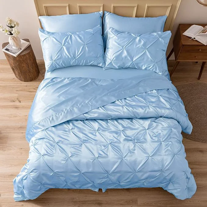 Secure MR amp HM Satin Comforter California King 7 Pieces Light Blue – Luxurious Pinch Pleat Bedding Set with Comforter Flat Sheet Fitted Sheet Pillowcases amp Shams Super Silky Soft Bed Set for All Season Efficient