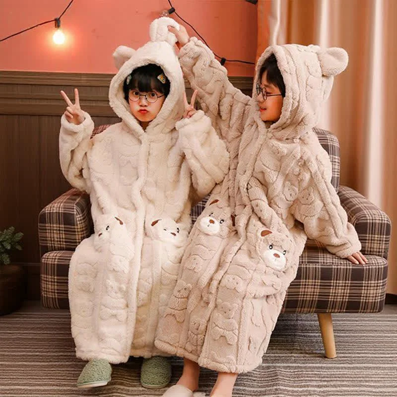 Classic Ownkoti Bear-Ear Hooded Button Plush Child Robe Smooth