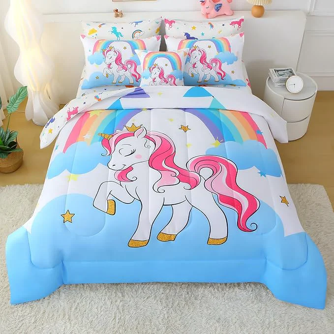 Powerful JQinHome Unicorn Queen Bedding Sets for Girls Kids 8 Piece Bed in A Bag 3D White Sky Rainbow Clouds Theme Unicorn Comforter Set with Sheet Set White Practical
