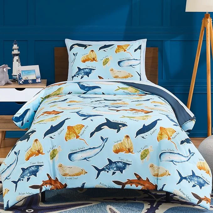 Casual Twin Comforter Set for Boys-5 Pieces Ocean Animals Glow in the Dark Twin Bedding Sets for Kids Ultra Soft Bed in A Bag with Sheets Crafted