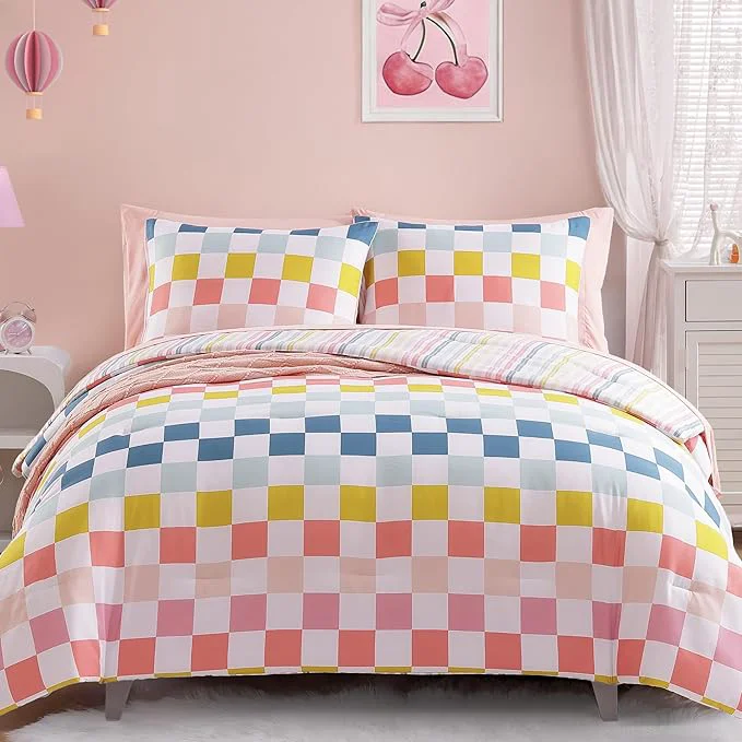 Refined Full Size Comforter Set for Girls-7 Pieces Colorful Check Full Bedding Sets for Kids Ultra Soft Bed in A Bag with Sheets Responsible