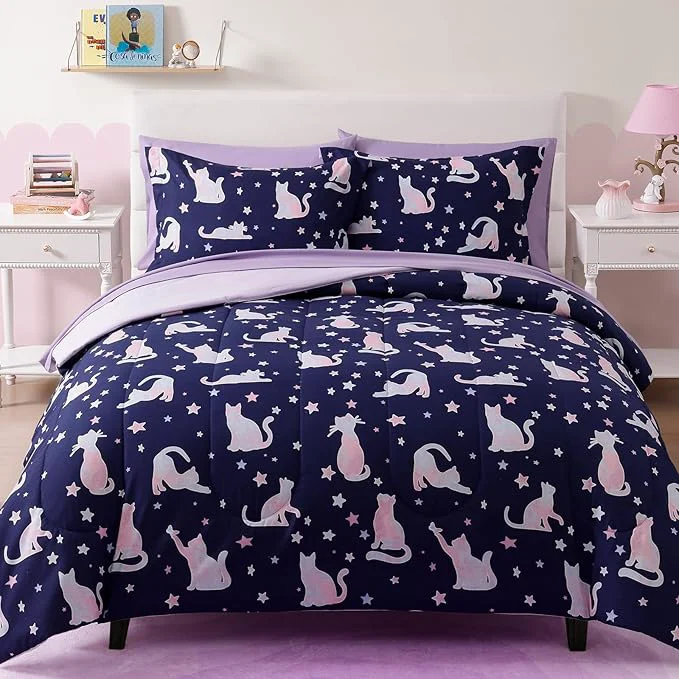Fast Full Size Comforter Set for Girls-7 Pieces Cute Cat Full Bedding Sets for Kids Ultra Soft Bed in A Bag with Sheets Sustainable