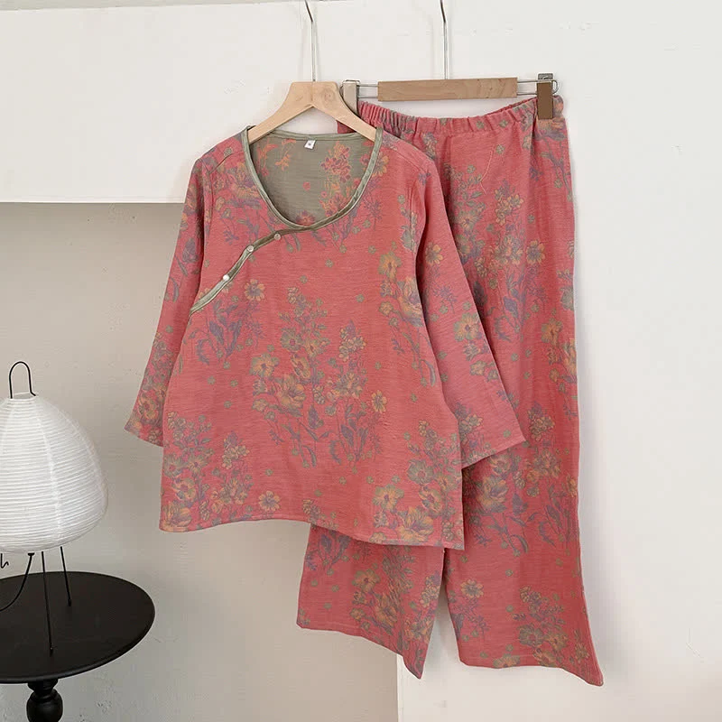 Convenient Ownkoti Oriental Pink Peony Cotton Gauze Pajamas First-Class