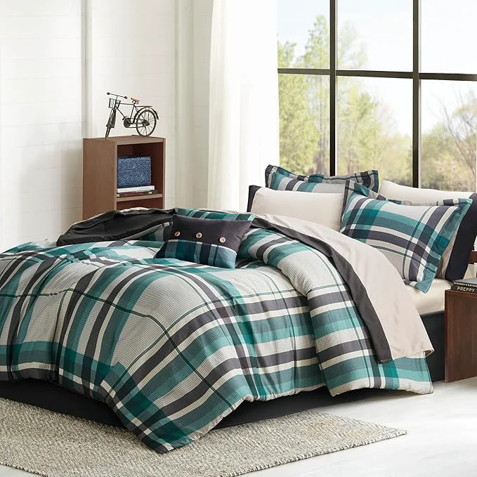 Effective Intelligent Design Robbie 7-Piece Twin XL Comforter Set – Lightweight All-Season Plaid Bedding Teal Black Cozy Bed-in-a-Bag with Matching Shams amp Decorative Pillow Modern Casual Style First-Class