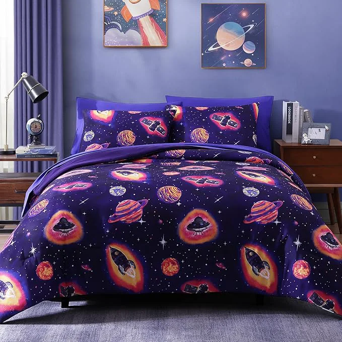 Dependable Full Size Comforter Set for Boys-7 Pieces Space Rocket Full Bedding Sets for Kids Ultra Soft Bed in A Bag with Sheets Smart