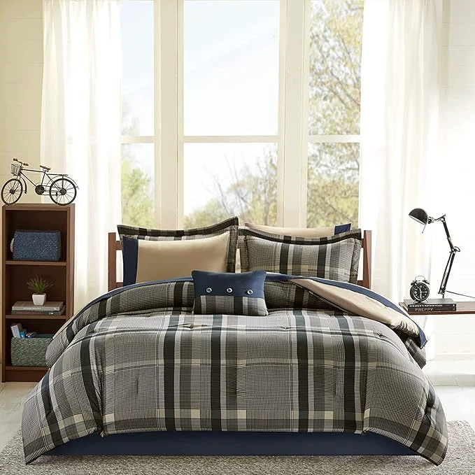 Secure Intelligent Design Robbie 9-Piece Queen Comforter Set – Lightweight All-Season Plaid Bedding Navy Tan Cozy Bed-in-a-Bag with Matching Shams amp Decorative Pillow Modern Casual Style Professional