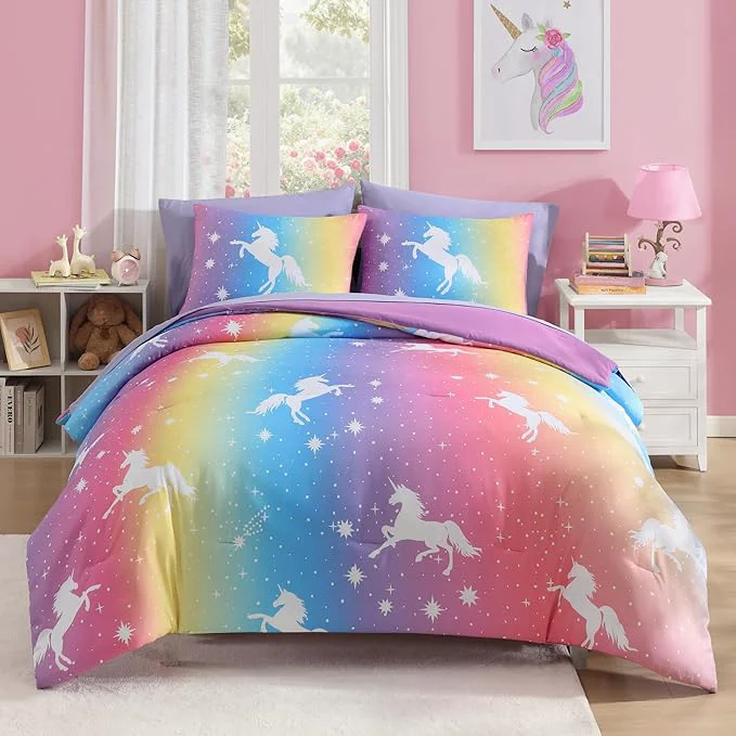 Refined Twin Comforter Set for Girls-5 Pieces Rainbow Unicorn Twin Bedding Sets for Kids Ultra Soft Bed in A Bag with Sheets Next-Generation