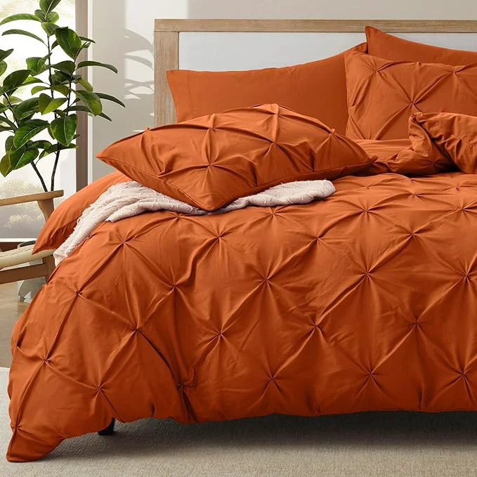 Smooth VACVELT 5 Piece Pinch Pleated Duvet Cover California King Size Set Burnt Orange Pintuck Duvet Cover with Zipper amp 8 Ties Soft Microfiber Duvet Cover 2 Pillow Shams 2 Pillowcases No Comforter Durable