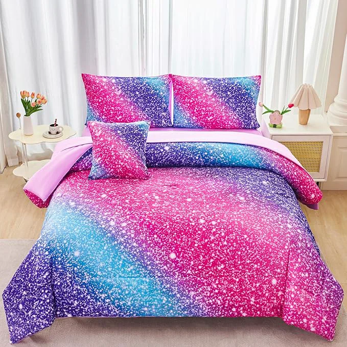 Professional RYNGHIPY Rainbow Bed in A Bag Queen Size Girly Pink Purple Blue Gradient Galaxy Print Comforter Set with Sheets Pillowcases Comfortable