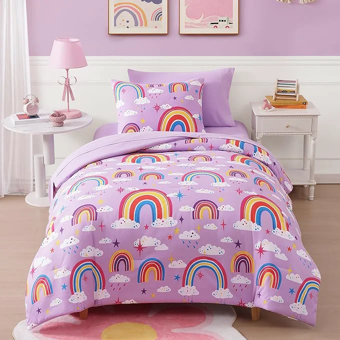 Selected Twin Comforter Set for Girls-5 Pieces Purple Rainbow Glow in the Dark Twin Bedding Sets for Kids Ultra Soft Bed in A Bag with Sheets Detailed