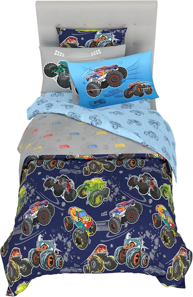 Modern Hot Wheels x Monster Trucks Bedding Set Twin Size 5 Piece Set Kids Super Soft Cozy Reversible Comforter and Sheet Set with Sham ly Licensed Product by Franco Verified