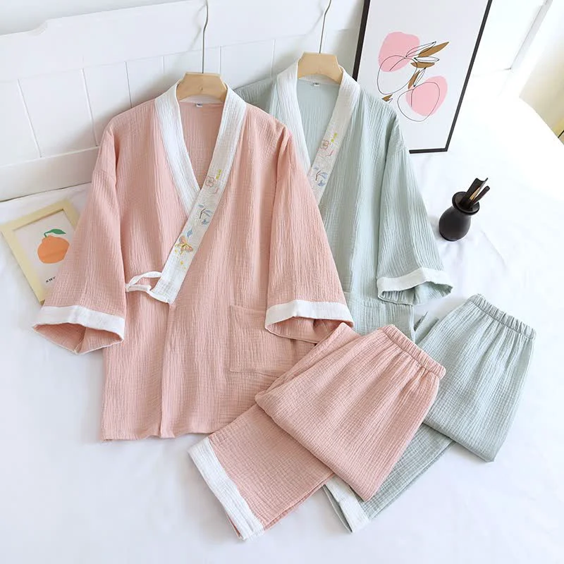 Elite Ownkoti Butterfly Embroidered Cotton Gauze Kimono Loungewear Green