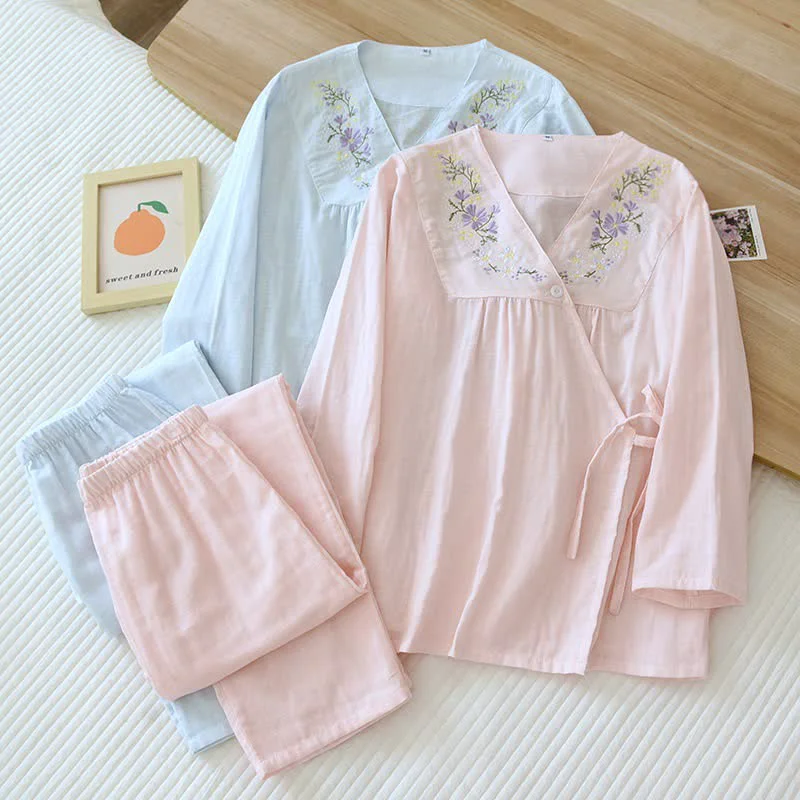 Effective Ownkoti Floral Embroidery Cotton Gauze Kimono Loungewear Professional