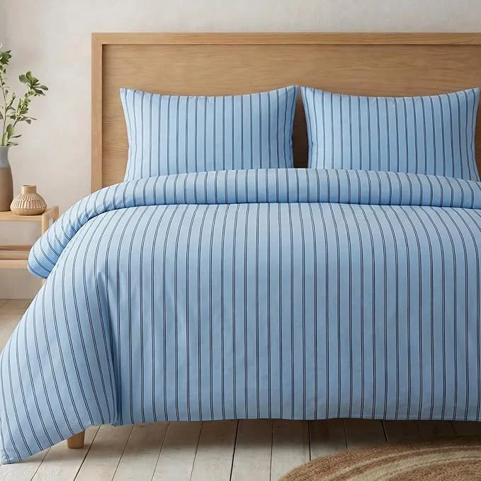 Luxury Bedbay Blue Striped Duvet Cover Set Queen Size Cotton Sateen Bedding Set Soft Breathable Hotel-Inspired 3 Piece Duvet Cover for All Seasons Organic