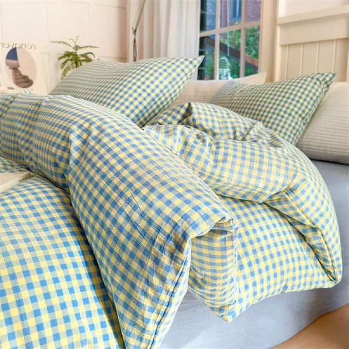 Effective LifeTB Queen Comforter Set Blue Yellow Gingham Comforter with 2 Pillowcases Modern Style Geometric Plaid Comforter 3 Pieces Farmhouse Gingham Bedding Set Fluffy Grid Checkered Comforter Set Quality