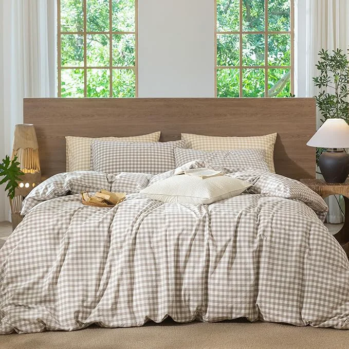 Expertly Made MooMee Gingham Duvet Cover Set Washed Cotton Linen Like Textured Breathable Durable Soft Comfy Modern Checkered Design Tannish Linen Grey Gingham Twin 68 quot x90 quot First-Class