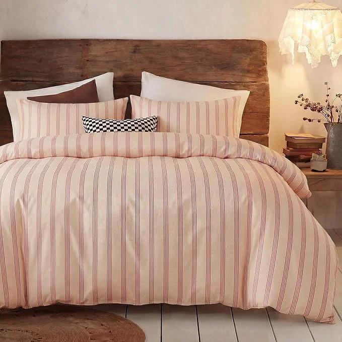 Optimized Bedbay Cotton Striped Duvet Cover Set Queen Size Warm Apricot Bedding Set Cotton Sateen Silky Soft Cozy 3 Piece Duvet Cover for All Seasons Genuine