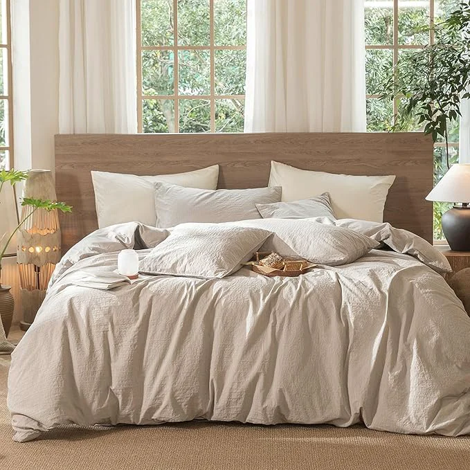 Premium Material MooMee Wavy Striped Duvet Cover Set Washed Cotton Linen Like Textured Breathable Durable Soft Comfy Beige Oversized King Plus 128 quot x120 quot Optimized