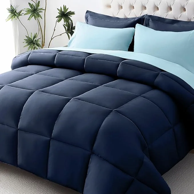 Expertly Made JOLLYVOGUE Queen Comforter Set Ultra-Soft Bed in a Bag Queen Size 7 Pieces Oeko-TEX Bedding Set with Down Comforter Sheets Pillowcases amp Shams Navy amp Light Blue Eco-Friendly