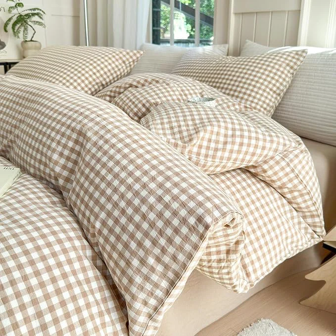 Fine LifeTB Tan Gingham Comforter Set Twin XL Modern Style Beige Plaid Comforter Set 3 Pieces Soft Fluffy Grid Checkered Pattern Comforter with 2 Pillowcases Farmhouse Gingham Bedding Set Twin XL Eco-Friendly