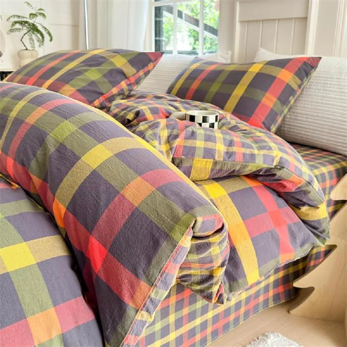 Practical Multicolor Plaid Queen Size Comforter Set Modern Style Checkered Pattern Comforter Buffalo Grid Plaid Gingham Bedding Comforter Set for All Seasons Farmhouse Grid Bed Comforter with 2 Pillowcases Premium