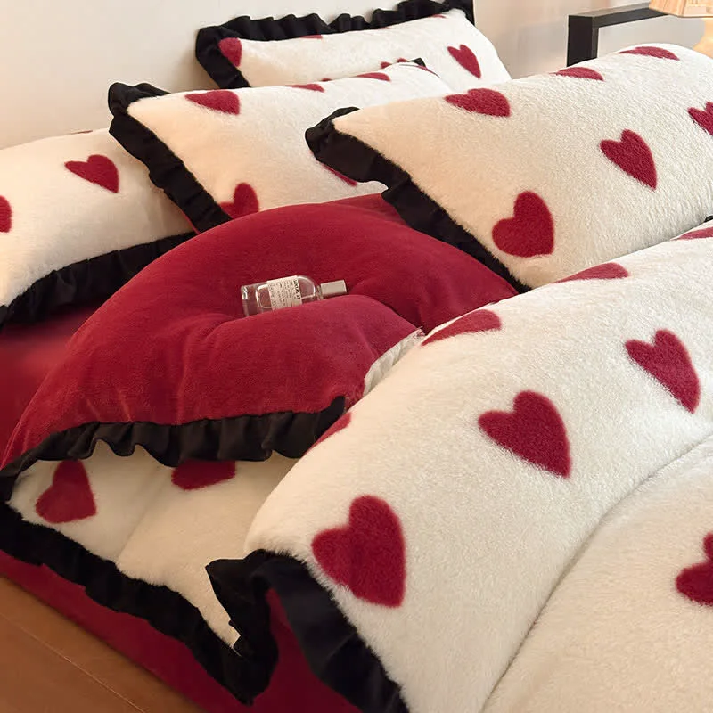 Clean Ownkoti Heart-Print Plush Bedding Set with Romantic Ruffles 4PCS Detailed